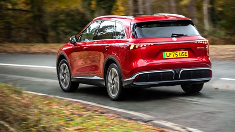 MG S6 EV review - rear side, red, cornering
