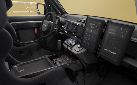 Image of the Defender Rally D7X-R interior, viewed through the open passenger door