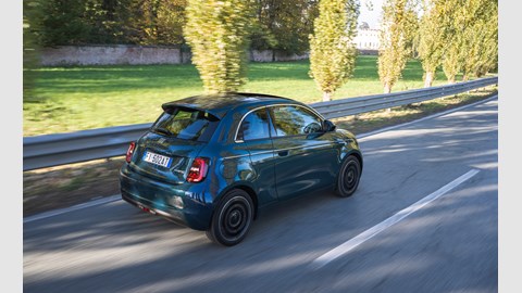 Fiat 500 Hybrid Torino edition 2025 rear three quarters driving