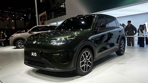 Leapmotor B03X (2026): front three quarter static, green paint, Guangzhou motor show stand