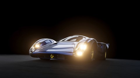 Image of a blue Lola T70S, viewed from the front right three quarters at a low angle
