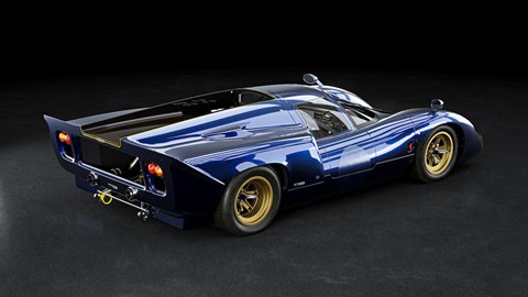 Image of a blue Lola T70S, viewed from the rear right three quarters at a high angle
