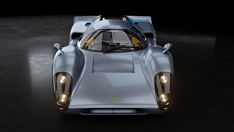 Image of a grey Lola T70S GT viewed head-on from a high angle
