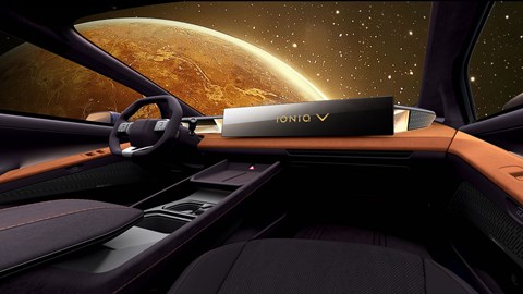 Hyundai Ioniq V interior design image shows huge 27-inch 4k display; presumably the planet visible through the windscreen is supposed to be Venus?
