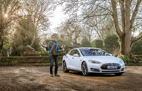 Tim Pollard and the myriad charging cables and Chademo adaptor for our Tesla Model S