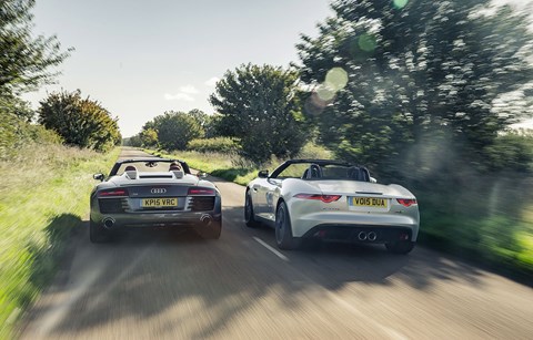 Jag looks bigger on the road, and is indeed longer and taller, but R8 is a full 106mm wider. Proper supercar hips!