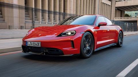 Porsche Taycan 2026 update (2027 model year) - E-Shift GTS, red, front, driving