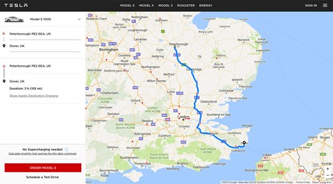 The new Tesla web app lets you plot your journey online, with guidance to suitable Tesla charging points en route