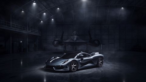 Hennessey Blackbird (2026): front three quarter static, silver blue paint, Blackbird jet in background