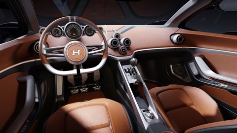 Hennessey Blackbird (2026): dashboard and steering wheel, tan leather upholstery