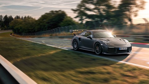 Porsche Flachbau RS test car, flat black, driving on the Nurburgring