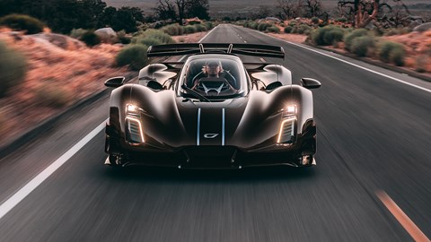 Czinger 21C Spyder - dead-on front, driving on desert highway