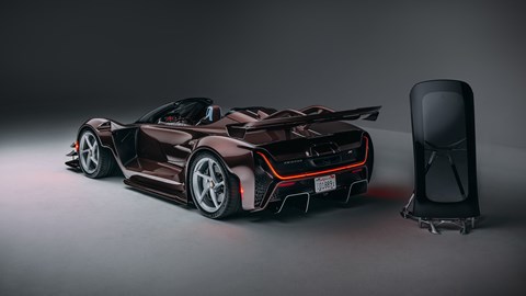 Czinger 21C Spyder - rear view, with carbonfibre canopy roof on BioLogic stand, studio