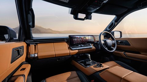 Mitsubishi Pajero (2026): dashboard and front seats, tan leather upholstery