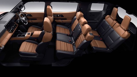 Mitsubishi Pajero (2026): all three seating rows, tan leather upholstery