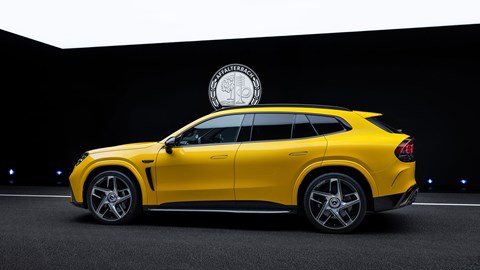 Mercedes-AMG GT SUV (2026): side view static, yellow paint, studio shoot