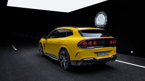 Mercedes-AMG GT SUV (2026): rear three quarter static, yellow paint, studio shoot