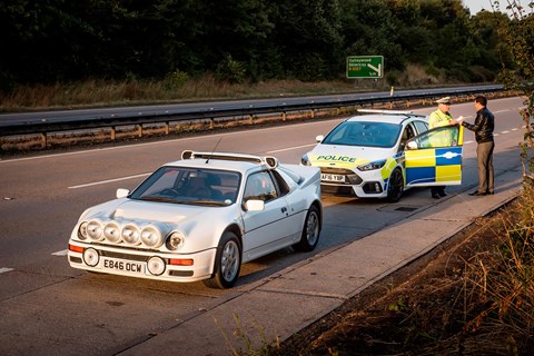 Ironic: a Ford Focus RS police car chasing a Ford RS200