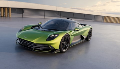 45 degree view of the new Aston Martin Valhalla in lime green