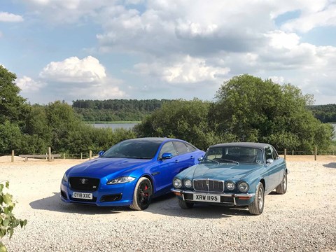 The contemporary Jaguar XJR 575 (nestles) alongside the two-door Jag XJC coupe