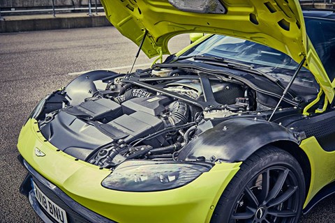 The twin-turbo V8 engine in the new 2018 Aston Martin Vantage