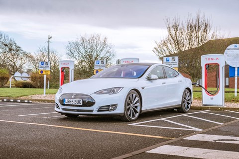 Tesla Model S at a Supercharger: an elegant long-distance charging solution