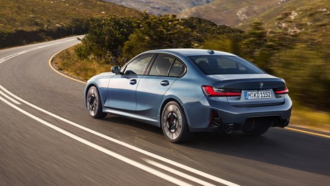 2024 BMW 3-series blue, rear, driving round corner