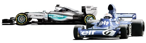 Stewart’s Tyrrell-Ford (right). Trickier than Hamilton’s Merc?