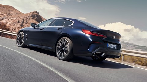 BMW 8-series Grand Coupe, dark blue, rear view, driving