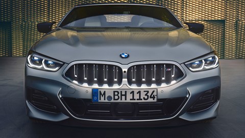 BMW 8-series Convertible, silver, dead-on front view, Iconic Glow grille