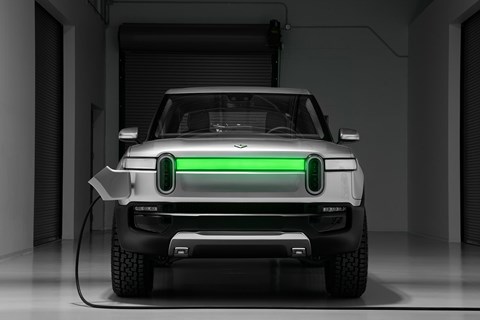 Charge up the Rivian R1T and the light bar goes green when charging