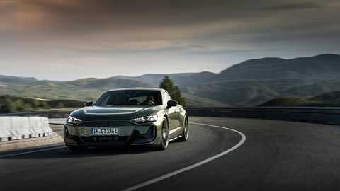 Audi RS e-tron GT update: front three quarter driving, green paint