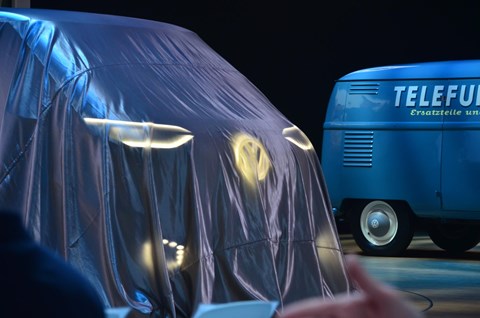 VW ID Buzz Cargo, moments before its world debut alongside an old Volkswagen van