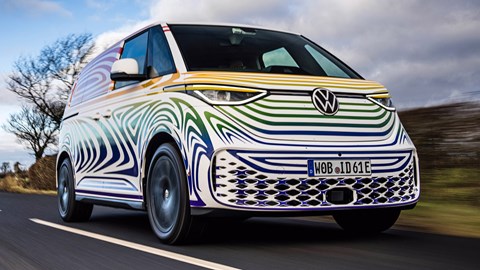 Volkswagen ID. Buzz electric van, prototype, driving on road, front view