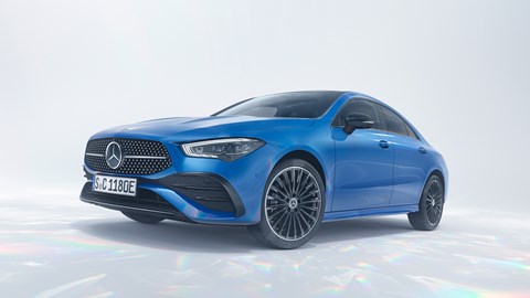Mercedes CLA 2023 facelift: coupe front three quarter, blue car, studio background