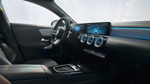 Mercedes CLA 2023 facelift: coupe interior, black upholstery, studio background