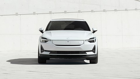 Polestar 2, dead-on front view of SmartZone facelift, white, MY24, 2023