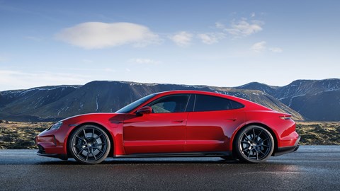 Porsche Taycan GTS facelift: side view static, red paint