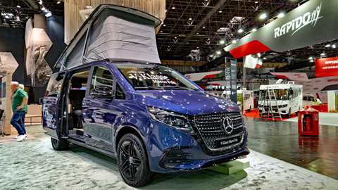 Mercedes Marco Polo facelift campervan at 2023 Dusseldorf Caravan Salon - front, blue