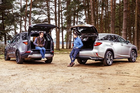 Land Rover Discovery (left, with Tim Pollard sitting) and Lexus RX L (right, with Ben Oliver standing)