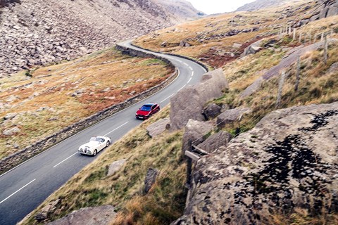Jaguar i-Pace and XK120 chase each other across Snowdonia, Wales