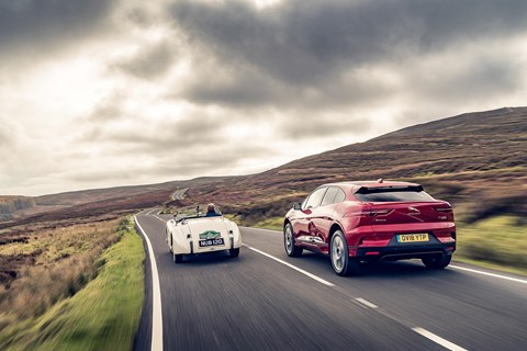 Jaguar i-Pace electric car meets Jaguar XK120 1950s sports car