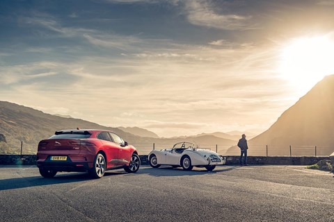 Jaguar XK120 and i-Pace in the sunset: a fitting metaphor