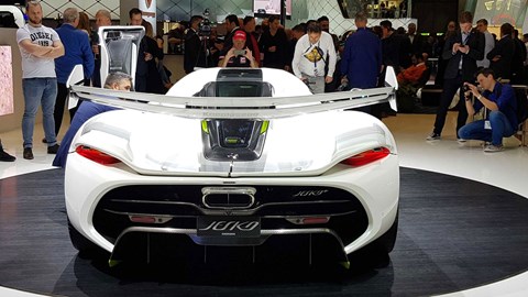 Koenigsegg Jesko megacar at the 2019 Geneva motor show - dead-on rear view