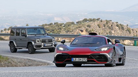Fastest hybrid cars: Mercedes AMG One, front three quarter cornering, mountain road