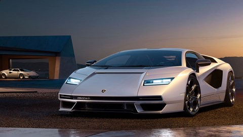 Fastest hybrid cars: Lamborghini Countach, front three quarter static, classic Countach in background