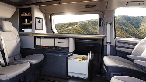 VW California Concept - interior showing fridge and slide-out hob