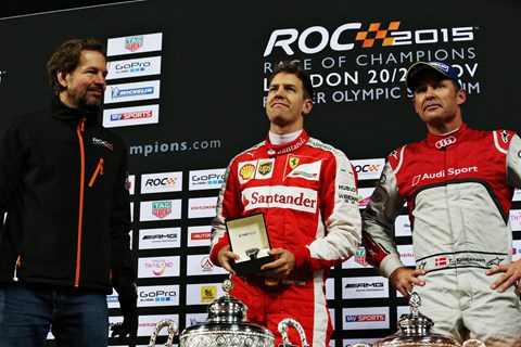 Sebastian Vettel (left, happy expression) won the 2015 ROC final from Tom Kristensen (right, less happy expression)