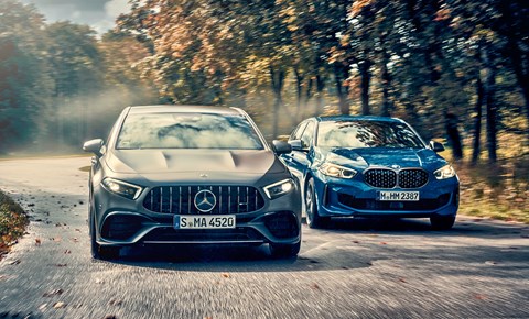 BMW M135i hot hatch vs new 2020 Mercedes-AMG A45 S twin test
