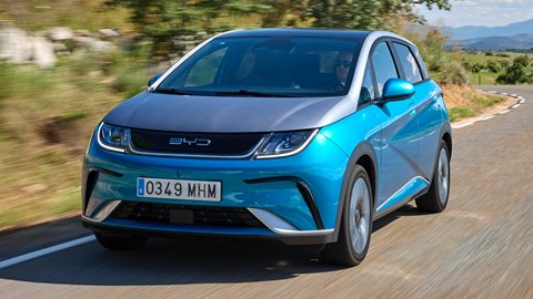 Cheapest electric cars: BYD Dolphin front three quarter driving, blue paint